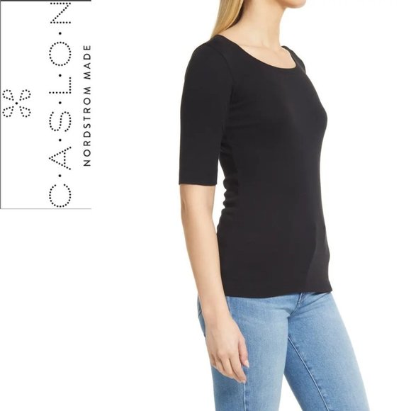 NEW Ballet Neck Cotton & Modal Knit Elbow Sleeve Tee CASLON® Black Small - Picture 3 of 7